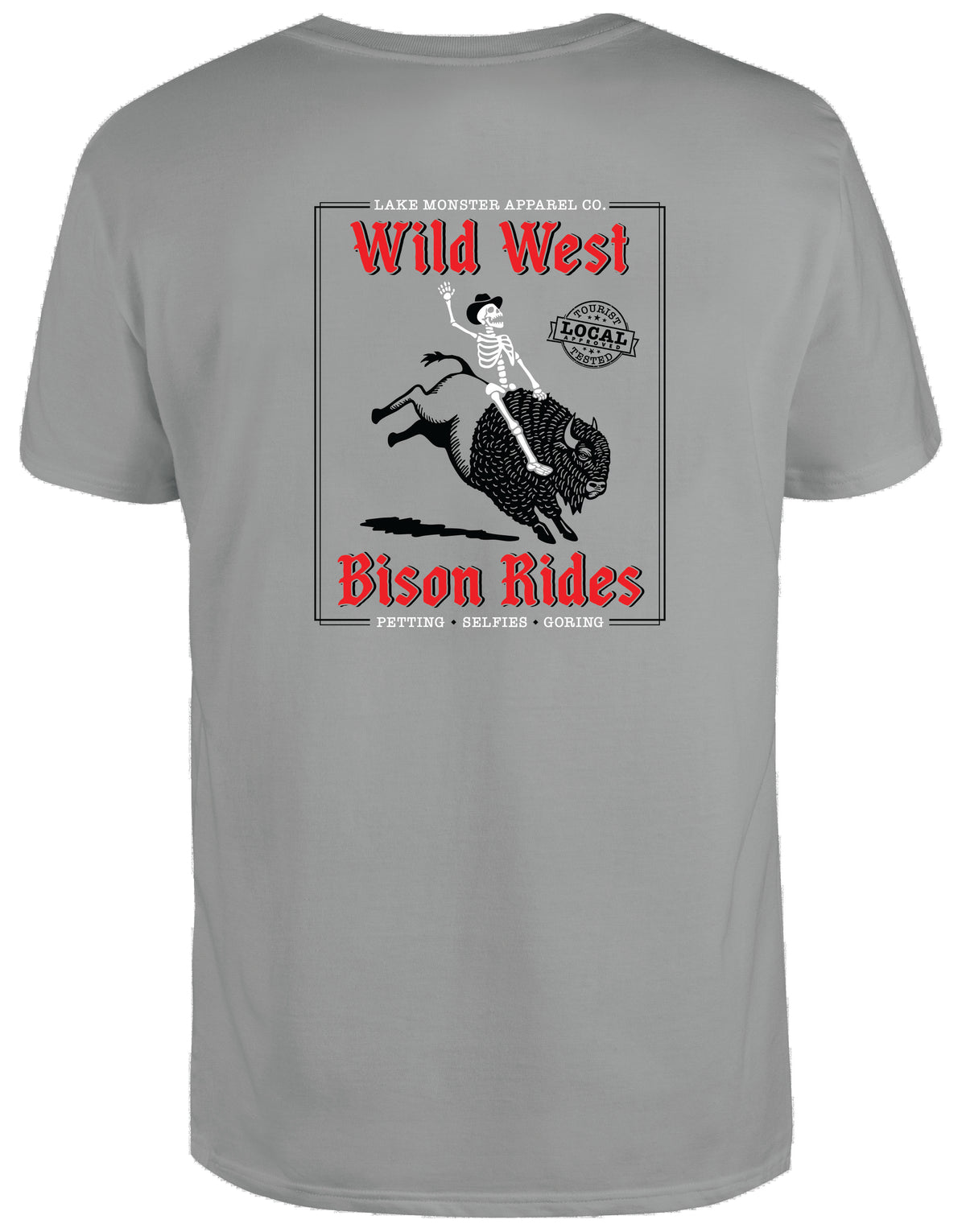 Ride A Bison Lake Monster Montana t-shirt in gray, back view