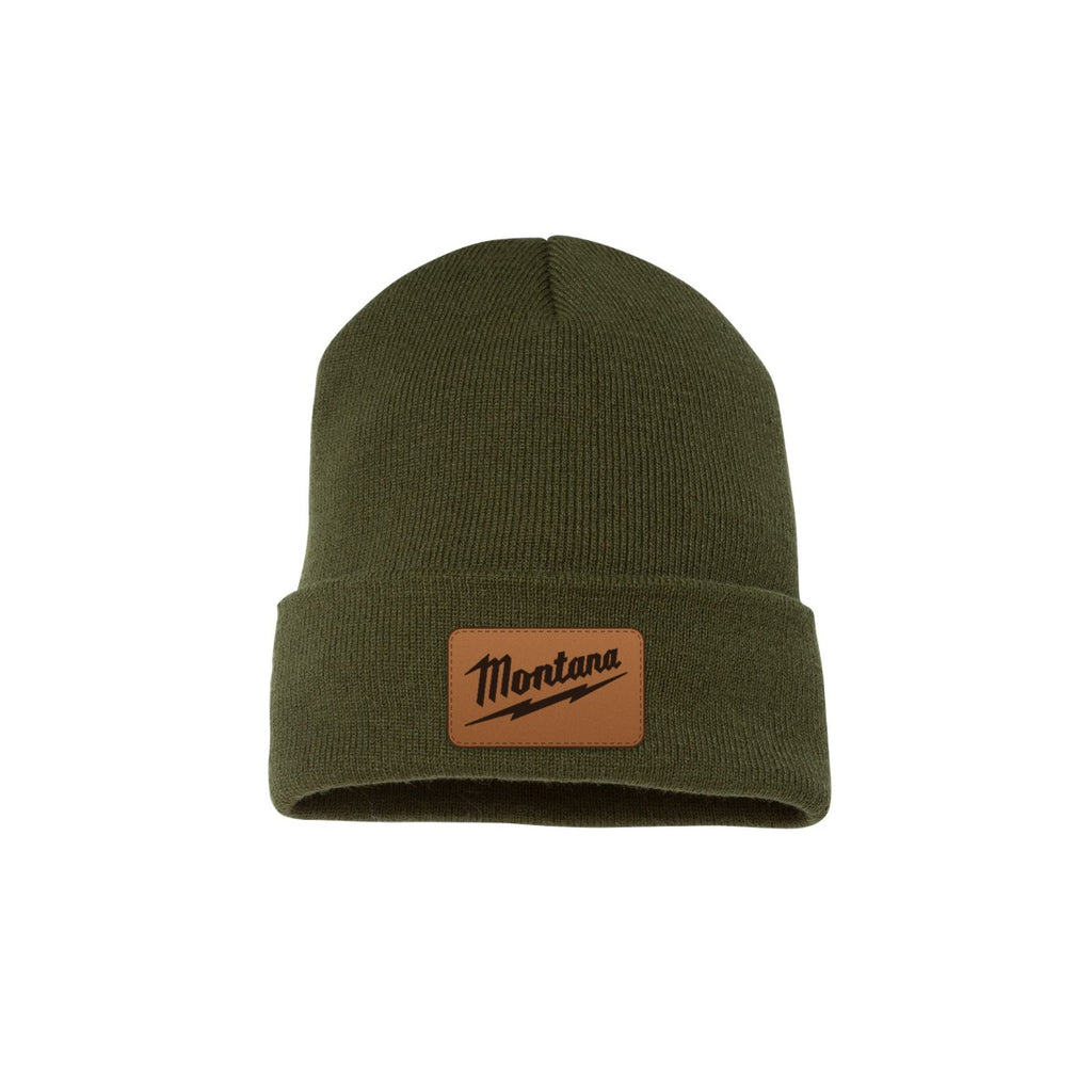 Lake Monster YP Classics beanie in Olive with Montana Tools leather patch
